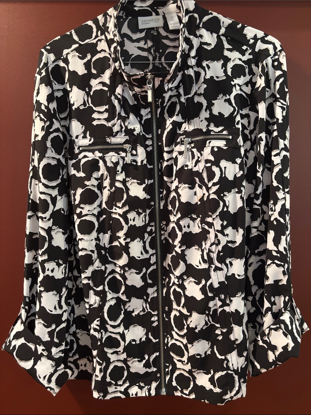 Chico's Black & White Print Zip-Front Utility Jacket Sz 2. (10-12)